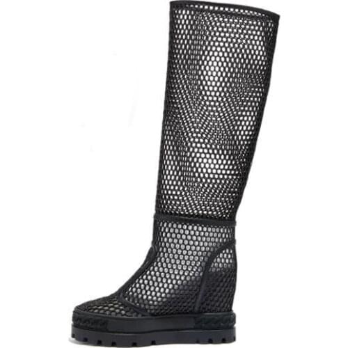 Carpaton Newest Platform Wedge Sandal Boots Round Toe Black Leather Grid Cutouts Knee High Shoes Women Sexy Boots