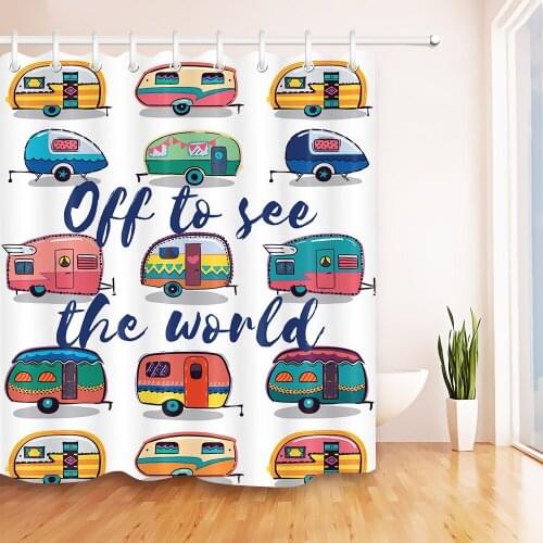 Kids Summer Cartoon Travel Car Shower Curtain Bathroom White Waterproof Washable Polyester Fabric 12 Hooks For Bathtub Decor