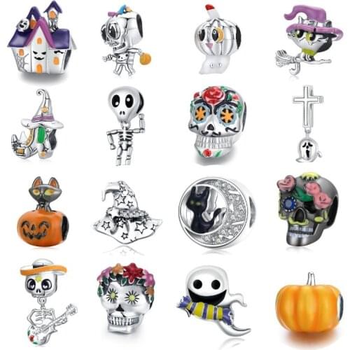 BISAER Halloween Enamel Charms 100% 925 Sterling Silver Ghost Pumpkin Witch Charms Bead 925 Silver Jewelry Making 2021 ECC1955