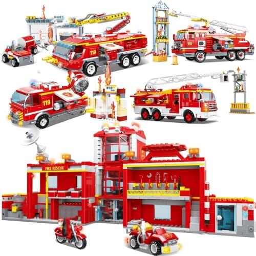 City Firefighter Fire Bridge Engine Ladder Truck Sets Building Blocks Model Bricks Kits Creative Rescue Helicopter Car Vehicle