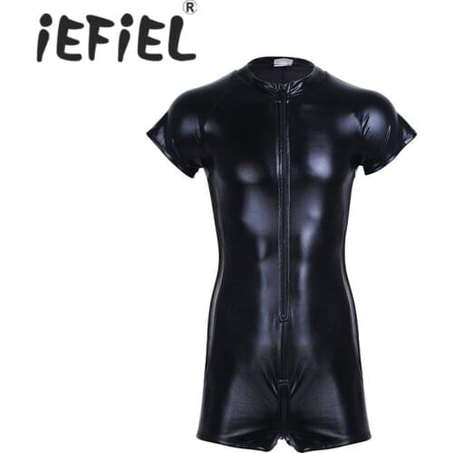 IEFiEL Black Mens Patent Leather Short Sleeves Front Zipper One-piece Leotard Boxer Bodysuit Jumpsuit Male Nightclub Clothes