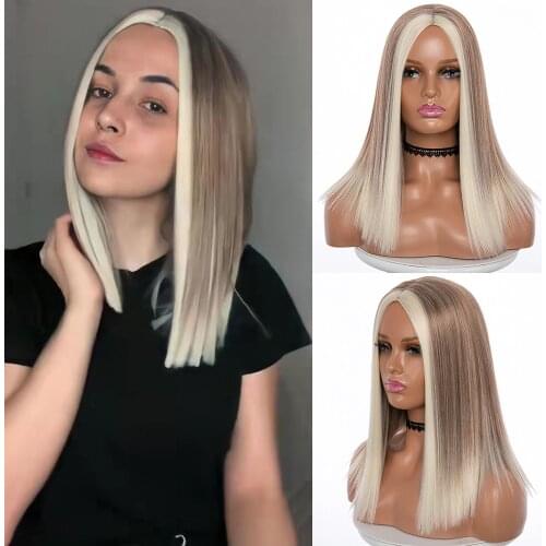 Short Blonde Straight Highlights Wigs for Black/White Women Middle Part Ombre Brown Mix Blonde Bob Wig Synthetic Hair Shoulder L