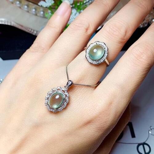 S925 Silver Natural Prehnite Jewelry Sets for Women Party Necklace and Ring Fine Jewelry Gifts Green Transparent Gemstone S21
