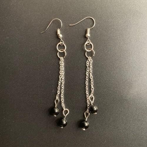 Natural Black Obsidian Stones Polished Balls Silver Color Metal Short Long Tassel Earrings Handmade 1 Pair
