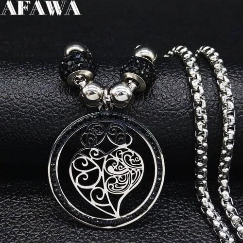 2021 Heart Black Crystal Stainless Steel Necklace Chain for Women Bead Silver Color Neckless Jewelry colares femininoN73S01