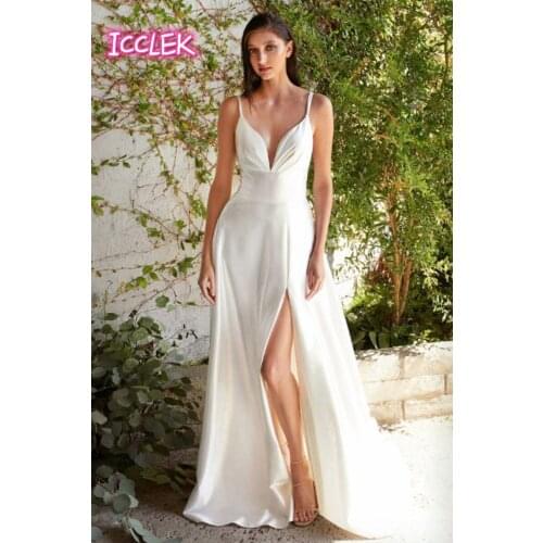 Bohemian Vintage Satin Wedding Dress Deep V Neck Straps Backless A Line Slit Simple Elegant Bridal Dress Custom Made