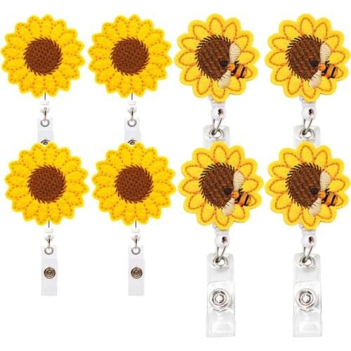 Sunflower Honeybee Badge Reel Holder for Nurses Students Teachers Retractable ID Card Holder with Alligator Clip