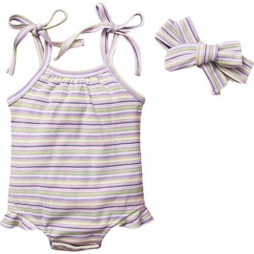 Pudcoco 2Pcs Toddler Summer Outfits Multicolor Stripes Tied Spaghetti Strap Romper + Bowknot Headband for 0-18 Months Baby Girls