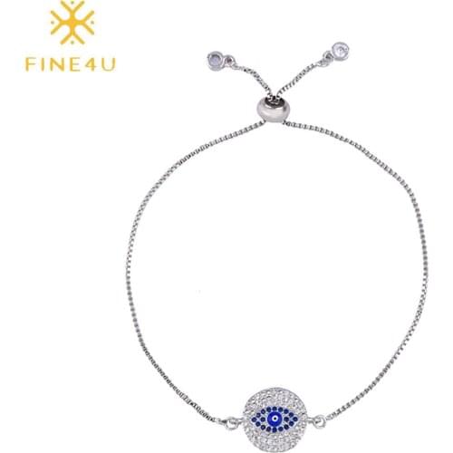FINE4U B482 Mothers-Day Cubic Zirconia Adjustable Tennis Chain Brass Turkish Eye Bracelets for Women Girls