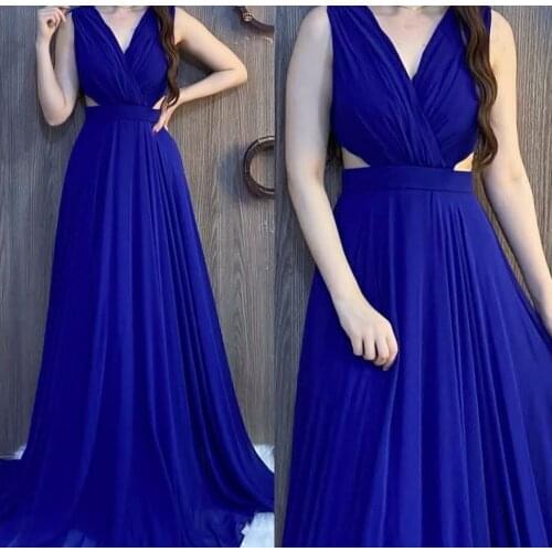 Sexy A-Line Pleated Chiffon Long V-Neck Prom Dresses Zipper Back Floor Length Royal Blue Robe De Soiree Red Formal Party Gown