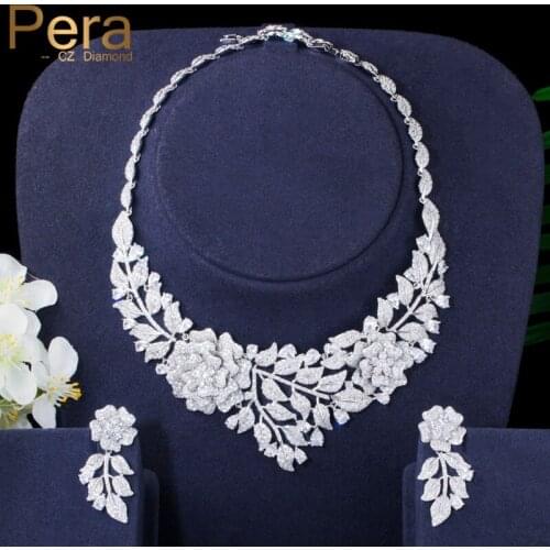 Pera Gorgeous Shiny White Cubic Zirconia Big Flower Leaf Drop Earrings Necklace Luxury Bridal Wedding Party Jewelry Set J354
