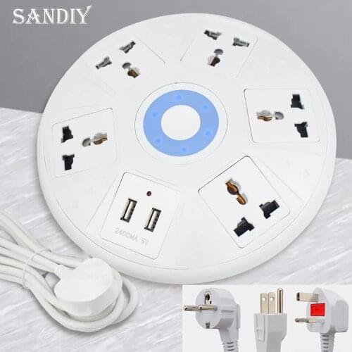 5 Power Strip With 2 USB 2M Cable Extension Socket US UK AU EU Plug Multifunctional Fast Charging Power Strip 10A 250V 2500W