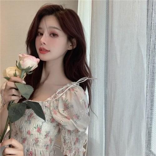 Floral Crop Tops for Sweet Girls Sexye Club Party Clothing Korean Fashion Trends Women Blouses Puff Sleeve Cortas Top Streetwear