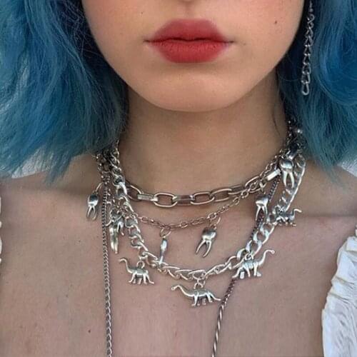 Goth Dinosaur Necklace For Women Metal Cool Punk HipHop Animal Vintage Cross Angel Necklace Charms 90s Aesthetic Gifts New