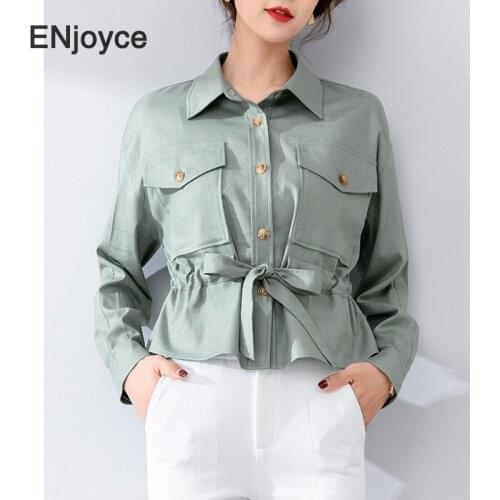 Vintage Green Shirt Style Linen Baseball Jackets Women French Lapel Single Breasted Cargo Coats Casual Cropped Tops Autumn