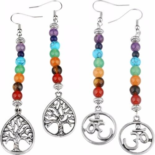 TUMBEELLUWA 7 Chakra Stone Dangle Earrings for Women,Tree of Life/Root Chakra