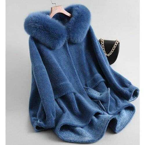 2019 real fur coat womens winter warm genuine wool fur with real fox collar coat lady coat jacket overcoat C929-1