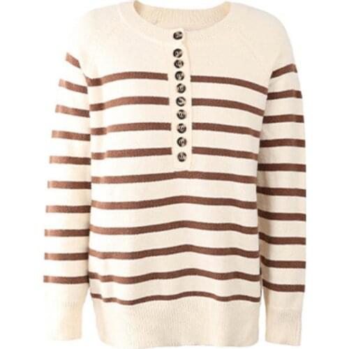 2021 New Arrival Fashion Autumn Winter Sweater Women Striped Knitted Pullovers Button O-Neck Long Sleeve Knitwear Female Jumper