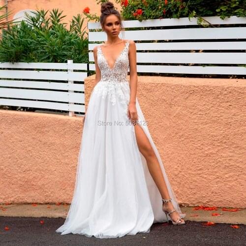V-Neck Bohemian Wedding Dresses Vestido de Noiva Off the Shoulder High Slit Lace Appliques Bridal Gowns Simple Tulle Bride Dress