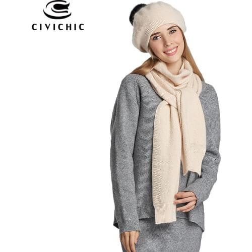 CIVICHIC High Quality Lady Winter Chic Rabbit Hair Wool Knit Scarf Hat 2 Piece Pompon Beanies Thicken Headwear Solid Shawl SH148