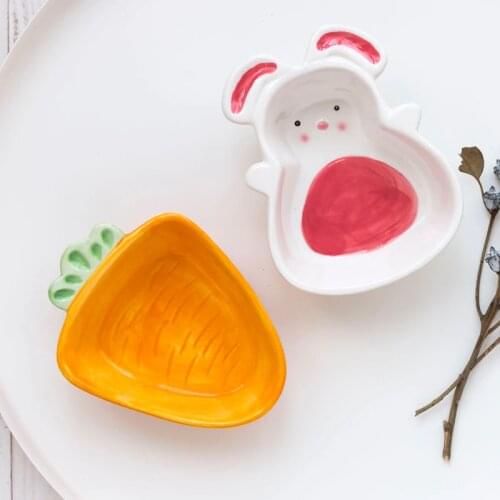Cute Cartoon Rabbit Carrot Degree Ceramic Bowl for Kids Salad Bowl Dinner Bowl Spoon Set Handmade Pottery Bowl for Child