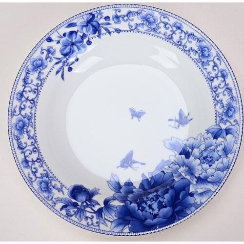 Ceramic Plate Round Plate Soup Plate Deep Plate Blue and White Porcelain Flat Plate Household Tableware Set Table Decoration