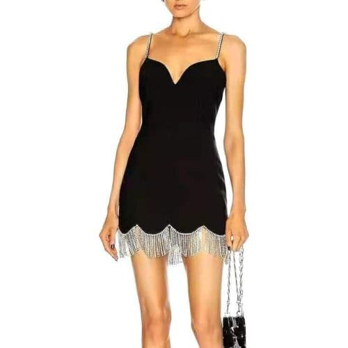 Summer Sexy Slip Dress For Women Rhinestone Tassel Spaghetti Strap V-Neck High Waist Slim Dresses