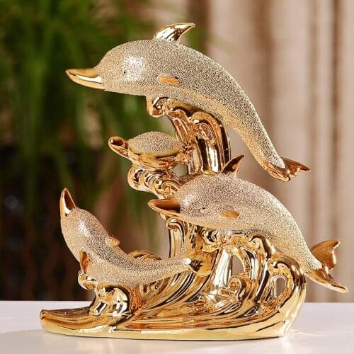 Fashionable Gold Dolphin Ceramic Handicraft Furnishing Articles Creative Gold-plated Dolphin Family