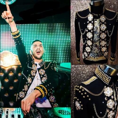 Fashion Quality Male Pure Handmade Rhinestone Slim Suit Jacket Nightclub Dj singer Stage Performance Jacket Men royal coat