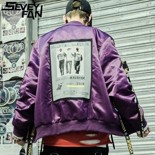 SEVEYFAN Mens Hip Hop Jackets Cartoon Characters Printed Ribbons Coat Fashion Oversize Baseball Jacket
