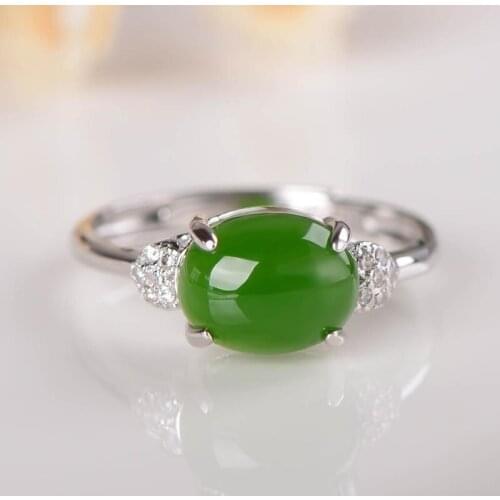 Natural Green Hetian Jasper Hand Carved Water Drop Ring Fashion Jewelry Womens 925 Silver Inlaid Ring with Adjustable Opening