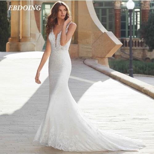 Newest Wedding Dress Mermaid Lace Deep V-Neck Neckline Sleeveless Open-Back Marry Plus Sizes Bride Dress 2021 Vestidos De Novia
