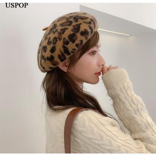 USPOP New warm wool hats women thick leopard berets female wool beret hat autumn winter hat