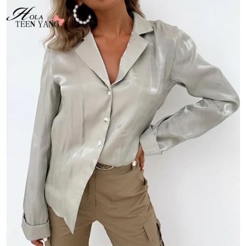 Solid Green V Neck Shirt Long Sleeve Shiny Satin Silk Tops Button Up Casual Blouse Loose Shirts Female Streewear Hola TeenYang