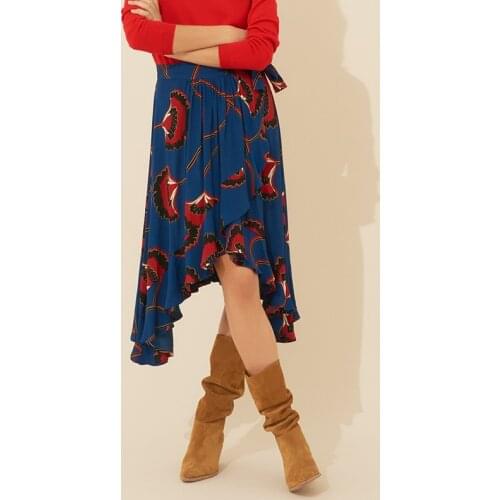 Autumn and Winter New Floral Print Crepe Mid-length Lace-up Skirt