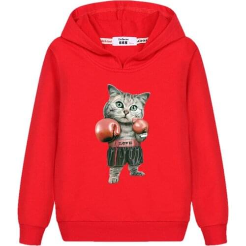 Boy Fall Casual Pullover Boxing Cat Design Long Sleeve Print Hoodie Boys Spring Thin Cotton Sweatshirt Kids Brand Hoodies