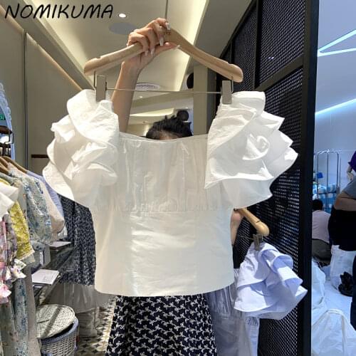 Nomikuma Chic Ruffle Puff Sleeve Women Blouse Korean Square Collar 2021 New Shirts Elegant Slim Waist Short Blusas Mujer 6K946