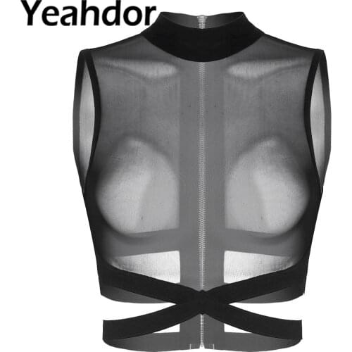 Black Women Bra Tops Vest Sleeveless Round Neck Sheer Mesh Zipper Back Criss Cross Crop Top Shirts Sexy See Through Clubwear
