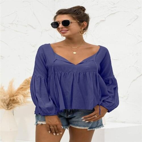 Womens Blouses Solid Color Shirts Womens Clothing 2021 Casual Patchwork V-Neck Long Lantern Sleeve Loose Blusas Femme Y2k Tops