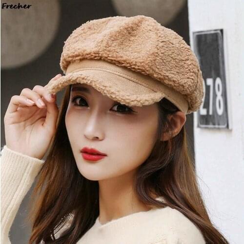 Womens Winter Retro Octagonal hat Korean Girl Lamb Wool Hats Thickened Warm Beret Hats Fashion Wild Outdoor Cap For Women