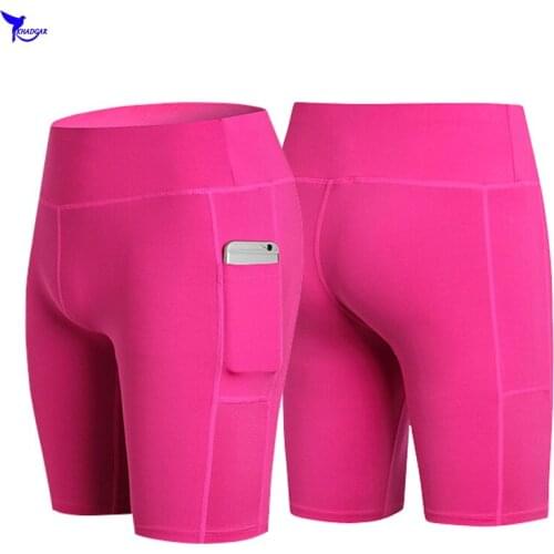 Women Quick Dry Yoga Shorts with Pocket Compression Running Tights Ladies Breathable Sweat Absorbtion Gym Fitness Jogging Shorts