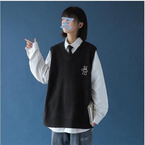 Women Sweater Vest Autumn and Winter Girl Loose Knitted Sweater Vest Shirt with Tie