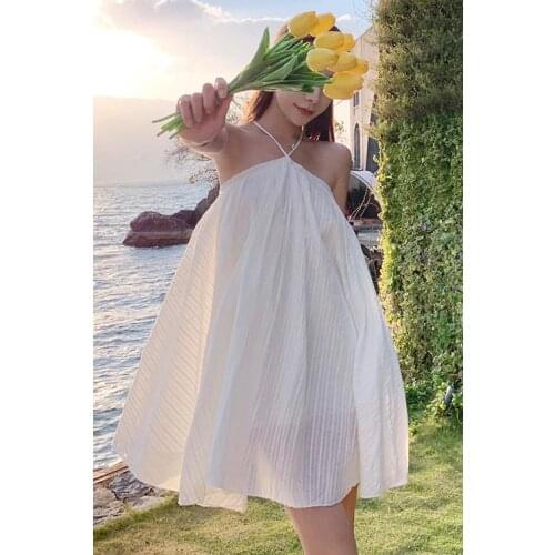Summer 2021 WomenS Sweet style Backless Casual Halter sleeveless white Dresses Seaside vacation beach dress
