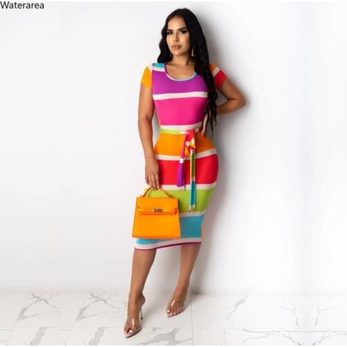 Summer women 2020 colorful striped o-neck short sleeve high waist with sashes bodycon midi dress knee length open back dresses