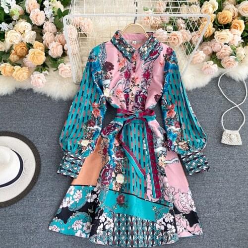 Womens spring summer runway fashion print dress female long sleeve chic travel vintage beach dress TB1490