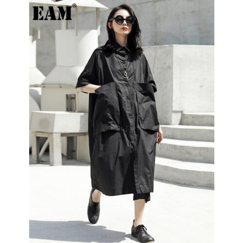 [EAM] 2021 New Spring Summer Round Neck Half Sleeve Black Pocket Split Joint Loose Big Size Shirt Dress Women Fashion JT540