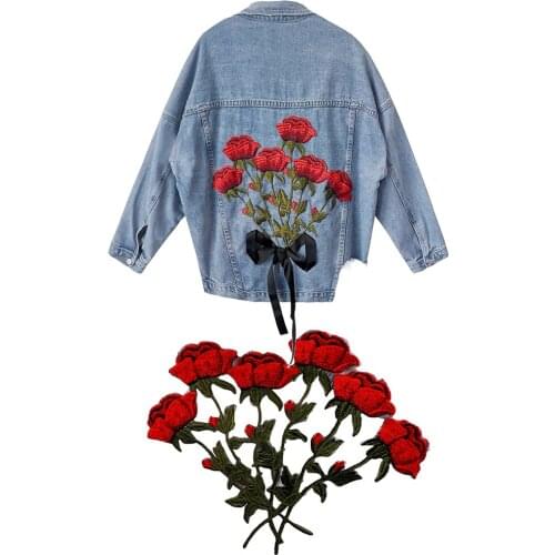 10piece Large Red Green Rose Flower Embroidery Iron on Applique Lace Fabric Patches Stick Motif Venise Sewing Accessories T2523