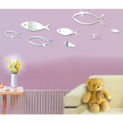 8 Pcs Litter Fish Acrylic Mirror Wall Stickers Bedroom Living Room Decor Home Decoration Accessories