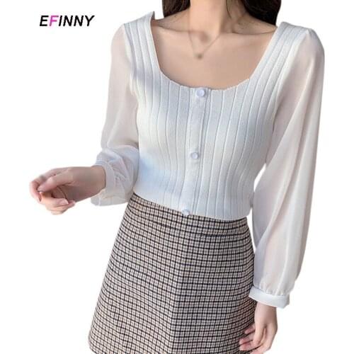 White Crop Top Chiffon Long Sleeve Women Tops Solid Women T-shirt Japanese Korean Style Streetwear Comfort Knitted Clothing