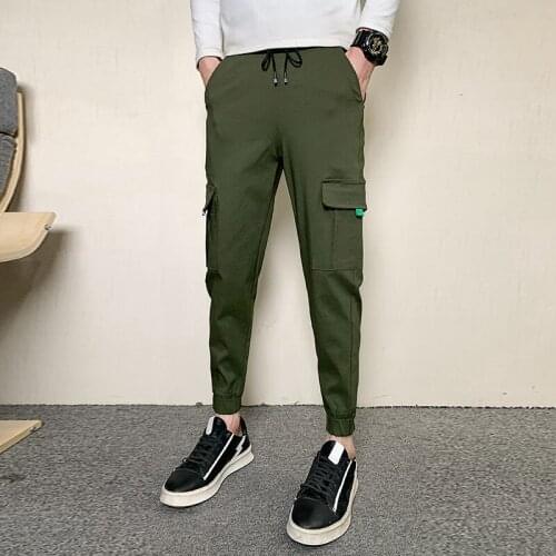 Korean Summer Cargo Pants Men Clothing 2021 Simple All Match Side Pockets Slim Fit Casual Mens Joggers Trousers Black/Army Green